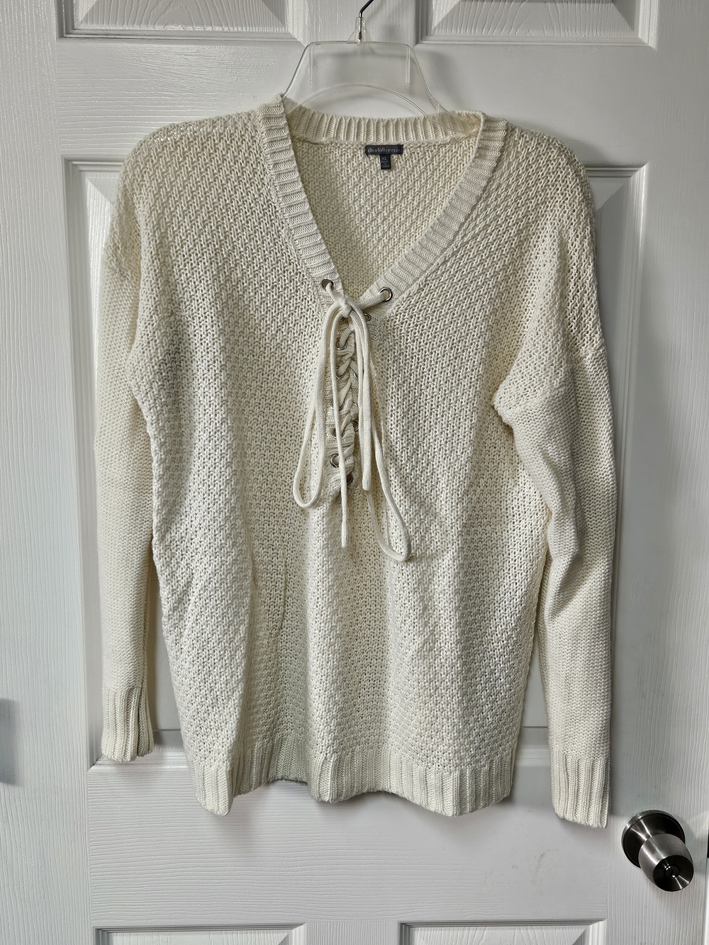 Charlotte Russe Cream Lace-Up V-Neck Knit Sweater